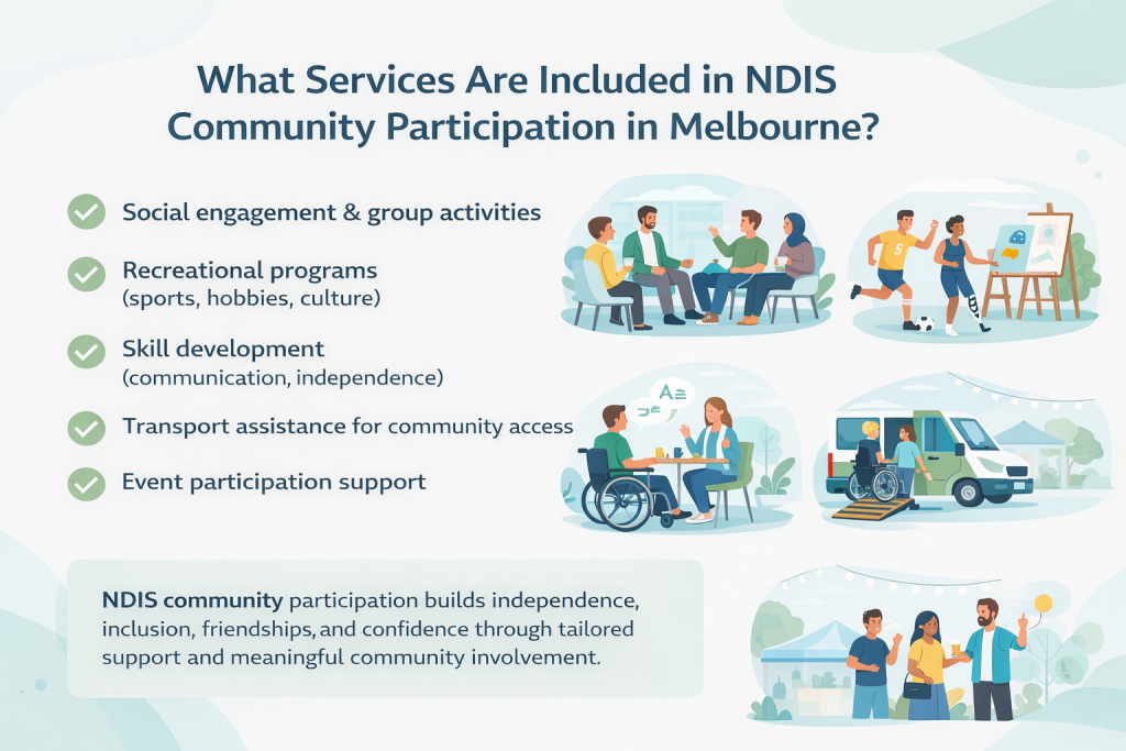 NDIS community participation Melbourne support worker assisting participant in social activities