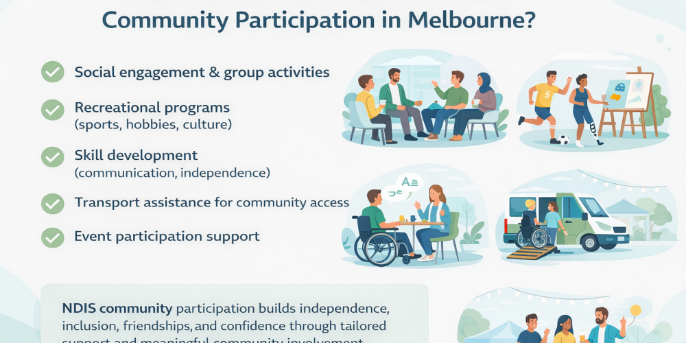 NDIS community participation Melbourne support worker assisting participant in social activities